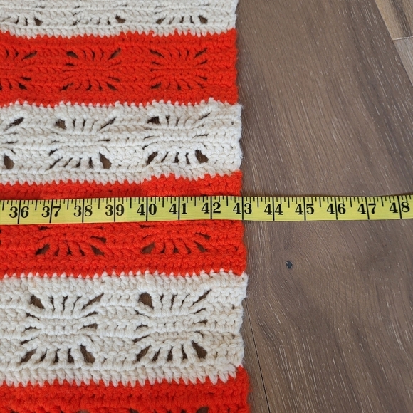Handmade Vintage Crocheted Orange/White Stripe Throw Blanket w/Detailed Squares - Picture 5 of 7